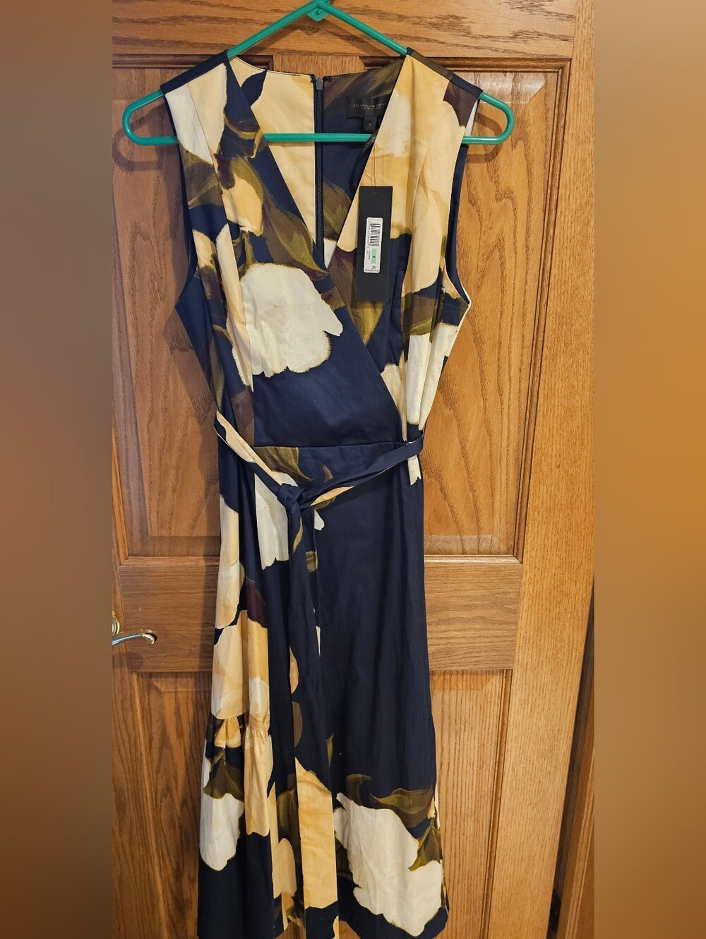 Donna Karan Navy Midi Dress with Cream and Olive Floral Print